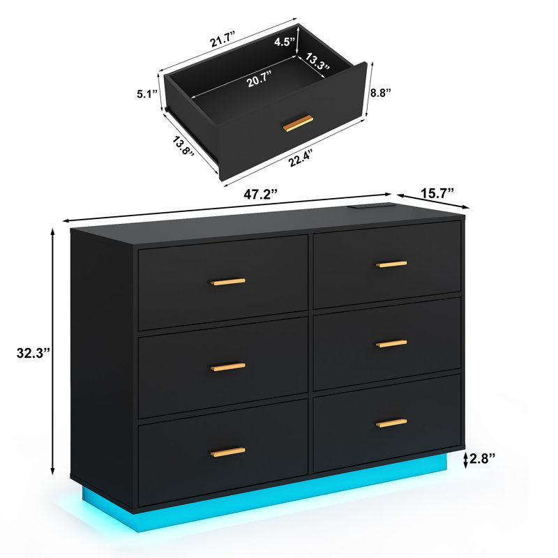 6-Drawer 59.14" Dresser With LED Light Strip And Charging Station For Bedroom, Living Room, Entryway, And Hallway, Black