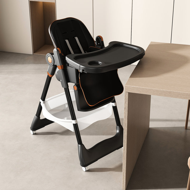 Chaise haute ajustable pour enfants de 0 à 6 ans, avec tablette double amovible, système d'alimentation à 5 niveaux, ceinture et roulettes silencieuses verrouillables, noire.