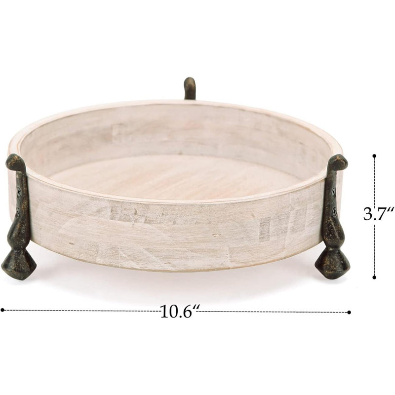 Round Wood Decorative Tray, 10 Inch Farmhouse Distressed Candle Tray, Centerpiece Decor For Coffee Bar, Kitchen Counter, Dining Room Table - White