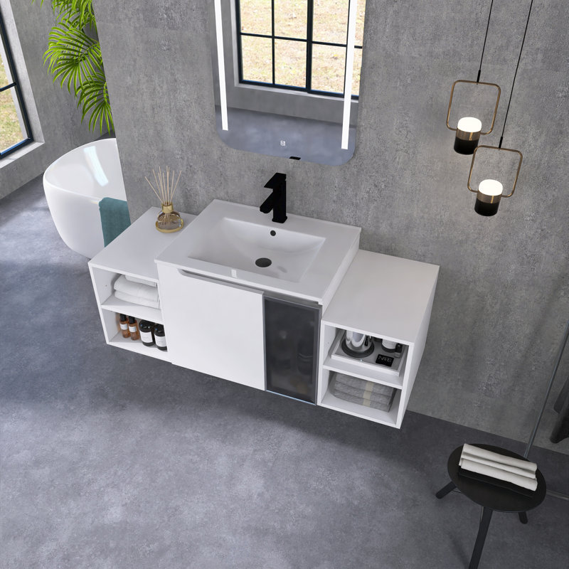 Ensemble de meuble-lavabo mural 48 po avec lavabo en céramique et 2 petites tablettes de rangement, 48.06"