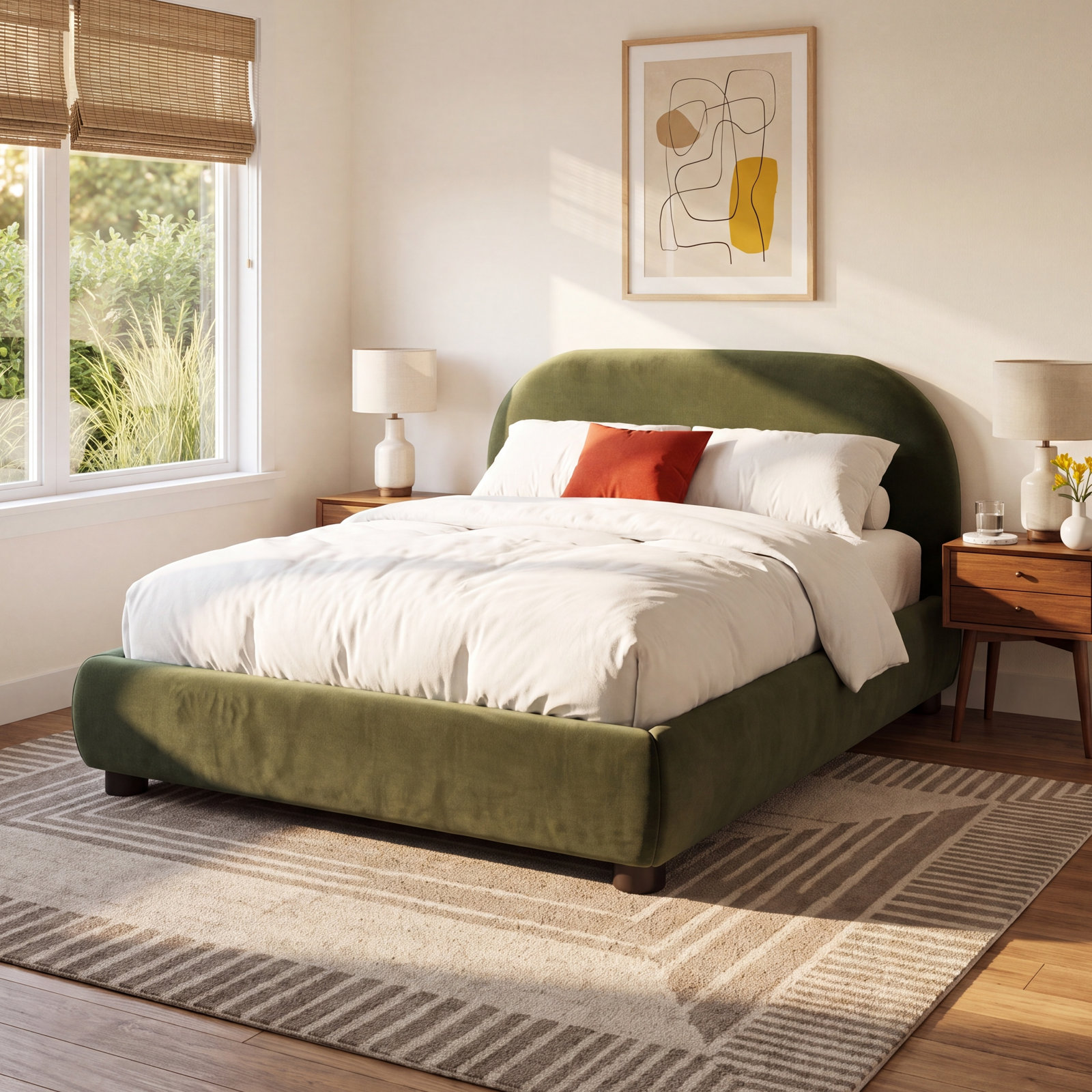 Tesso Velvet Upholstered Bed, Queen, Olive Green