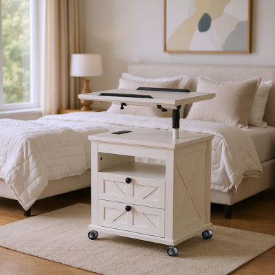 Table de chevet moderne minimaliste avec roulettes verrouillables, 2 tiroirs de rangement et port USB.
