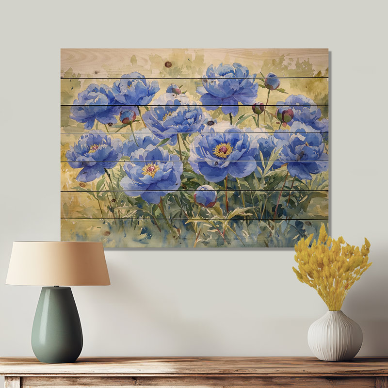 Pivoines bleues dans la prairie I - reproduction de bois de pivoines - sur bois de pin naturel, H 10 po x l 20 po x P 0,78 po