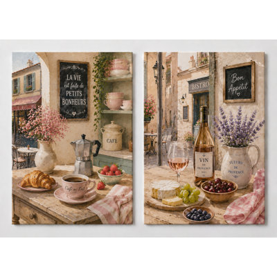 Très grand ensemble de 2 impressions sur toile de cuisine de campagne française, Rustic Cafe Wine Provence, décor pour la salle à manger, impression sur toile 24 x 36 pouces - prête à être accrochée