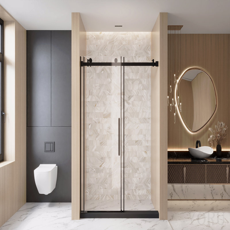 Porte de douche coulissante simple sans cadre l 48 po x H 76 po, verre trempé transparent de 1/4 po (6 mm), film antidéflagrant, rail tubulaire carré en acier inoxydable, noir mat