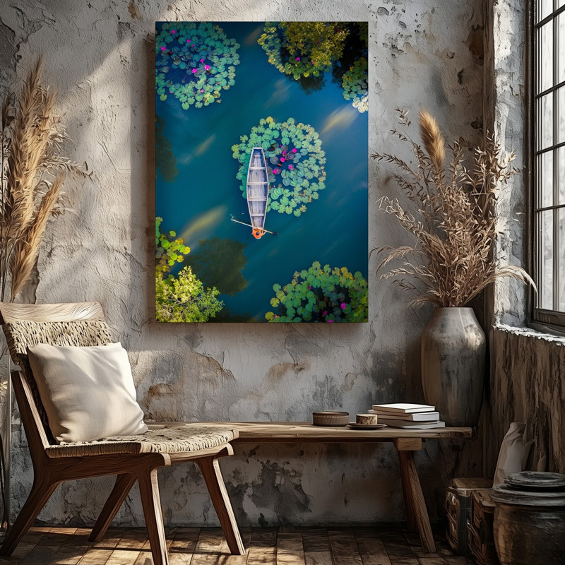 Toile, une scène d'étang sereine capturée à partir d'une perspective aérienne avec art mural, H 40 po x l 30 po