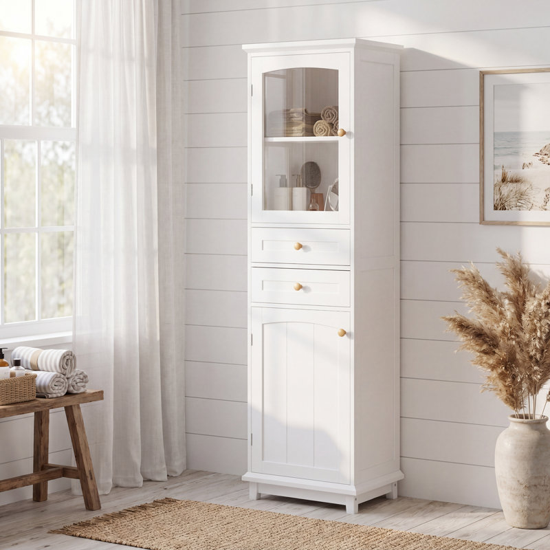 63" Tall Bathroom Storage Cabinet With Glass Doors, Free-standing White Cabinet With 2 Drawers & Adjustable Shelves, White