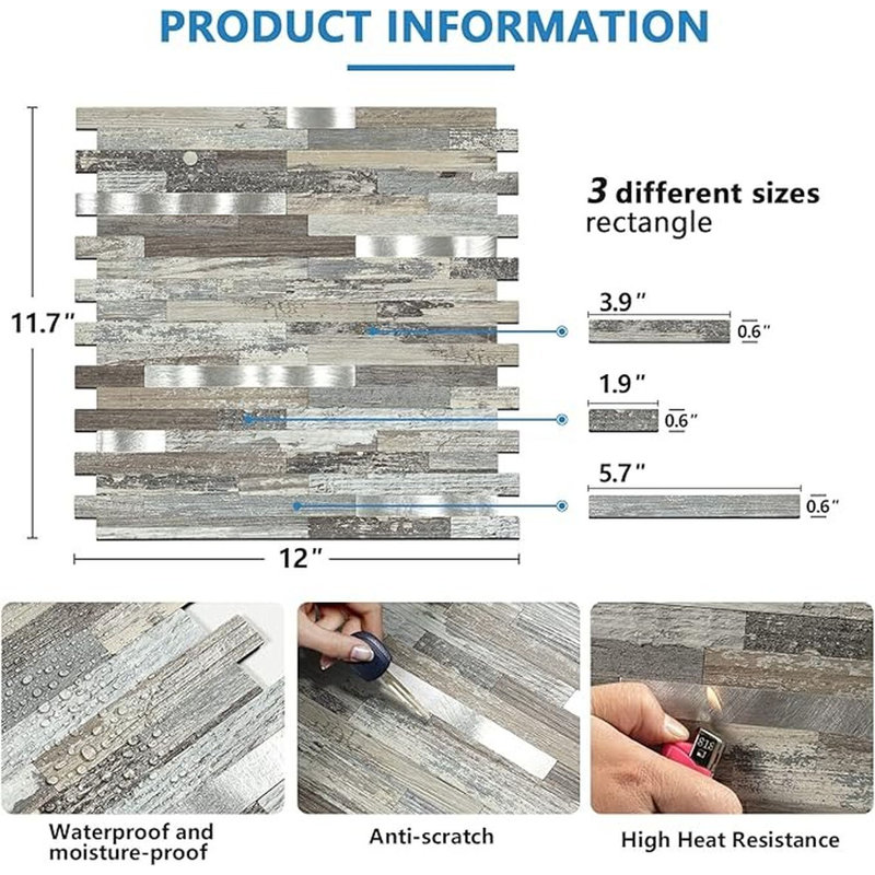 Carrelage mural en PVC à 10 feuilles pour dosseret de cuisine, Argent clair