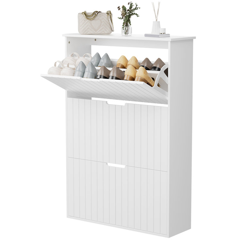 Armoire de rangement pour chaussures 24 paires, range-chaussures avec 3 tiroirs rabattables, range-chaussures caché en bois avec tablette réglable pour le couloir, blanc