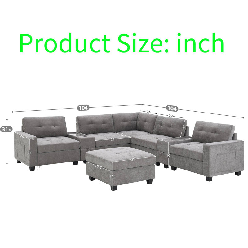 Modular Chenille Sofa With Dual Consoles, Extra-Large Storage, Wireless Charging, Removable Ottoman, Acrylic Table Tops & Side Storage Pockets For Living Room
