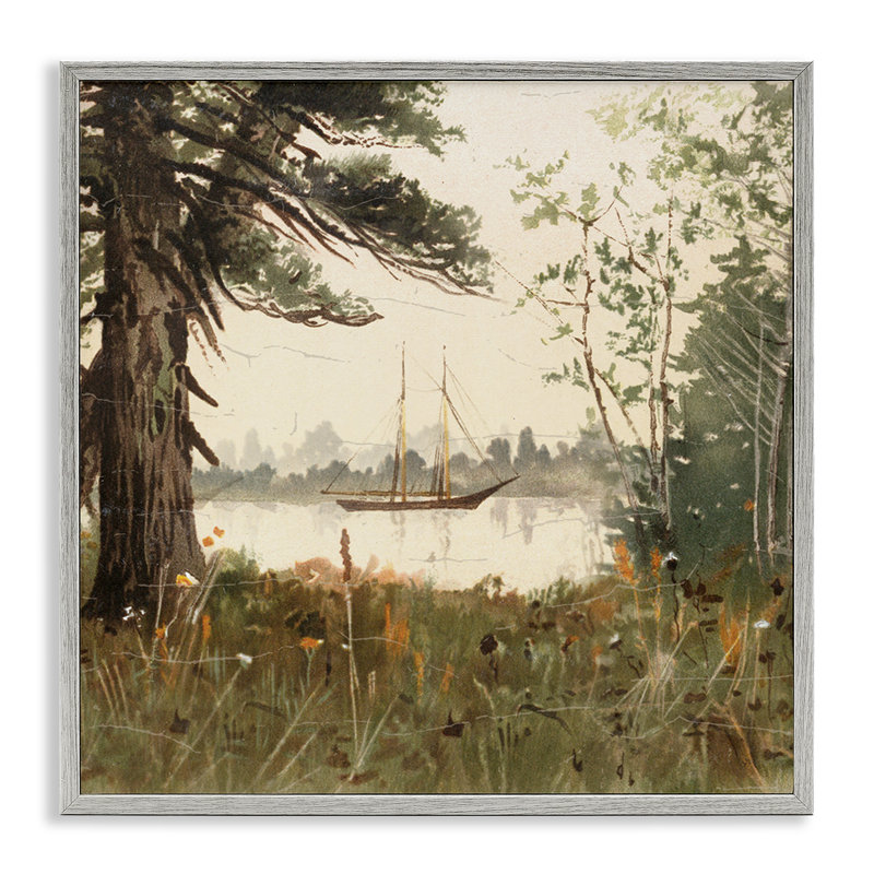 Vue nautique à travers les arbres, estampe numérique, design par Lula Bijoux & co., Giclée de ferme grise encadrée