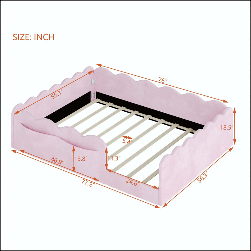 Lit double tapissier au sol avec poches de rangement, Full / Double, Pink