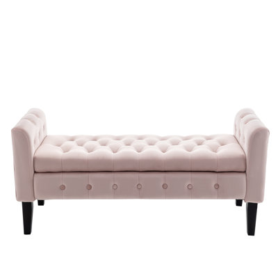 Banc de rangement en velours avec pieds en bois d'hévéa Vendrina