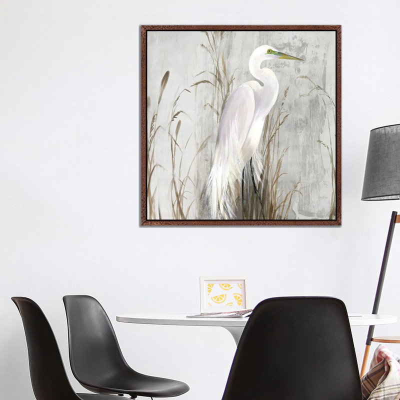 Heron In The Reeds by Aimee Wilson - Painting on Canvas, 93.98 cm H x 93.98 cm W, Classic Brown Wood Framed