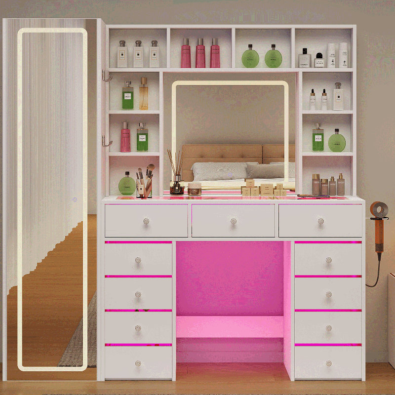 Full Length Mirror Vanity Desk and Lights 3 Colors, Transparent Top with 11 RGB Drawers, 10 Shelves, Full-length mirror with storage shelf, Make Up Vanity with Charging Station Woman, White