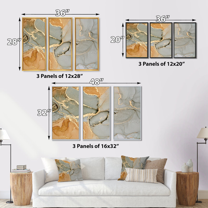 "Brown Luxury Abstract Fluid Art VI", 3 pièces, cadre flottant, impression sur toile, H 32 po x l 48 po, Or