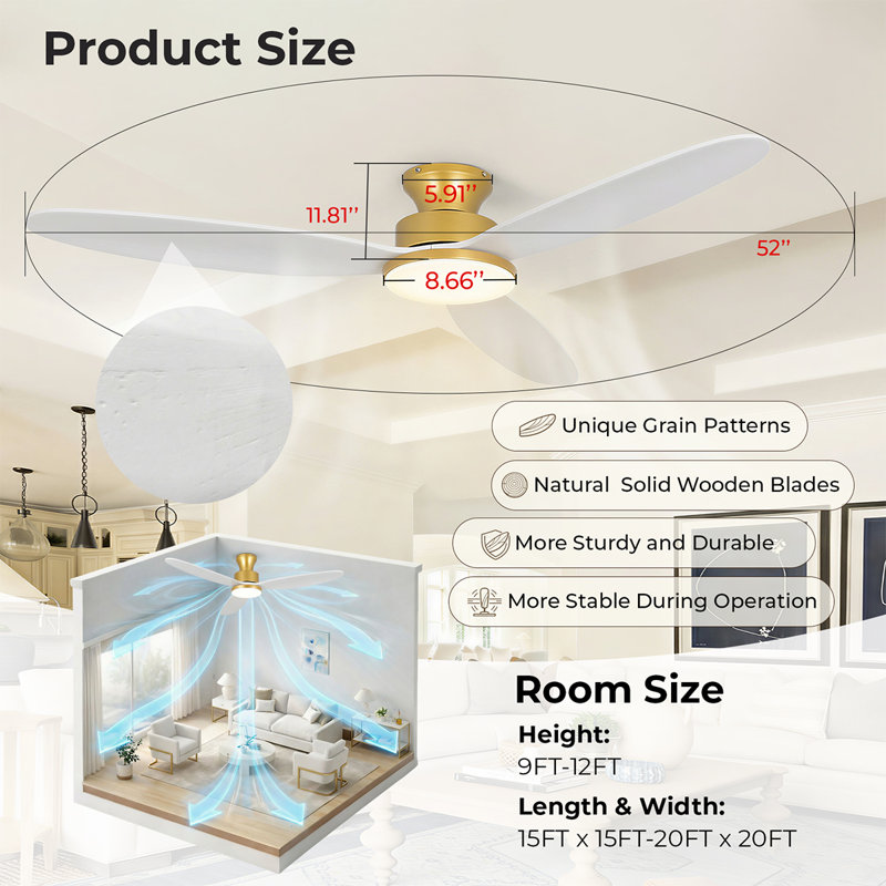 Ventilateurs de plafond à profil bas de 52 po avec lumières et télécommande, lumière DEL à intensité variable 3CCT, moteur à courant continu réversible à 6 vitesses, 3 pales en bois, minuterie, fonction mémoire, ventilateur encastré d'extérieur intérieur