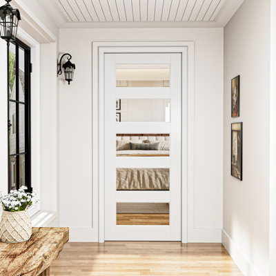 Intérieur de la porte en verre transparent 5-Lite, porte à dalle simple apprêtée à noyau solide avec verre trempé transparent certifié par la GSCG, pré-fini et facile à faire soi-même en satin, sans quincaillerie, garde-manger, chambre à coucher, salle de bain et garde-robe 28 po x 80 po