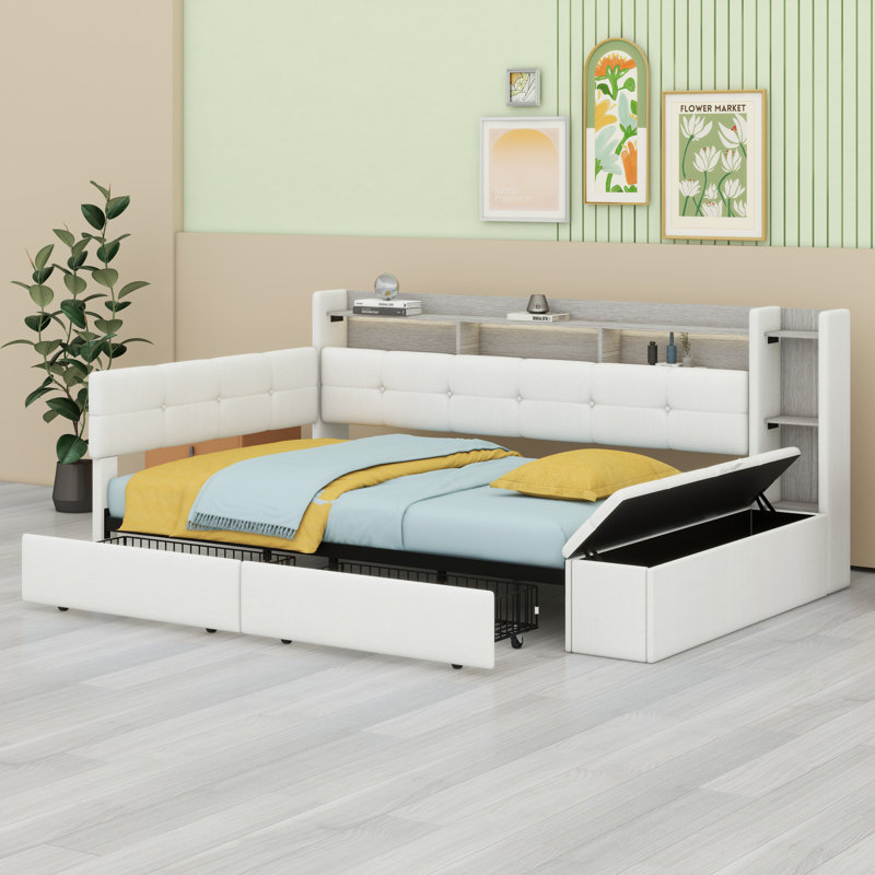 Contemporary Upholstered Daybed Frame with 2 Drawers, LED Lighting, USB Port & Storage Shelves, Beige, Full / Double