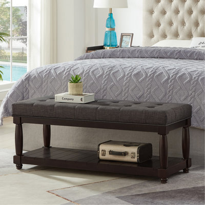 Banc capitonné en lin avec tablette de rangement - Pouf capitonné pour chambre, entrée ou salon, pattes en fuseau en bois massif, gris foncé