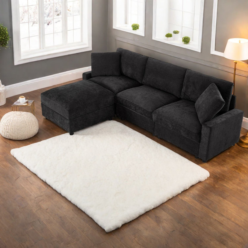 Canapé modulaire en polyester noir avec rangement en L