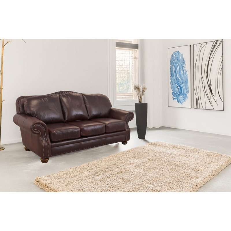 Somto 96" Genuine Leather Rolled Arm Sofa, Berkshire Dark Brown Genuine Leather