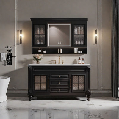 43.31"Black Solid Wood Oak Freestanding Washbasin Vanity With a Mirror cabinet