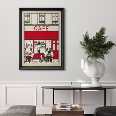 Red Café Street Scene with People Dining - Pictures Framed Paper Print Wall Art