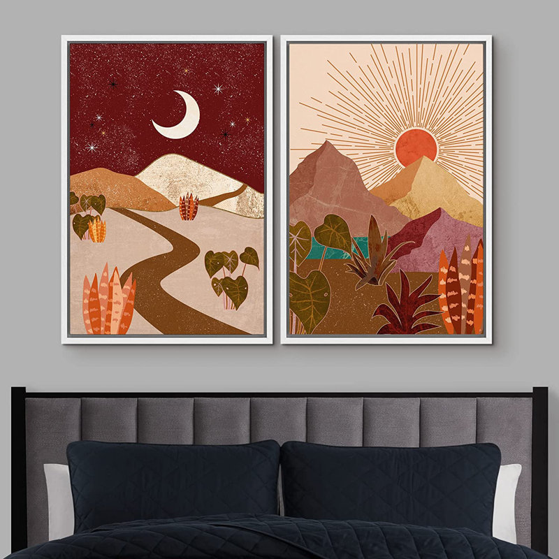 Sun and Moon Abstract Botanical Landscape Canvas Print Set with White Frame