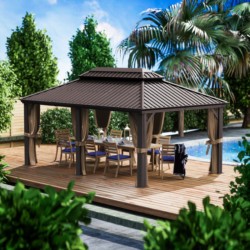 Alexander Dark Brown Double Roof Hardtop Gazebo with Curtain and Mosquito Netting, 12 ft x 18 ft