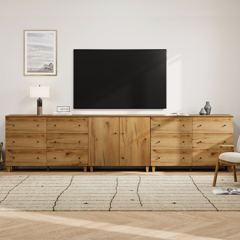 Meuble télé 3 en 1 avec 2 portes et 12 tiroirs pour téléviseurs de 110 pouces et plus, Chêne