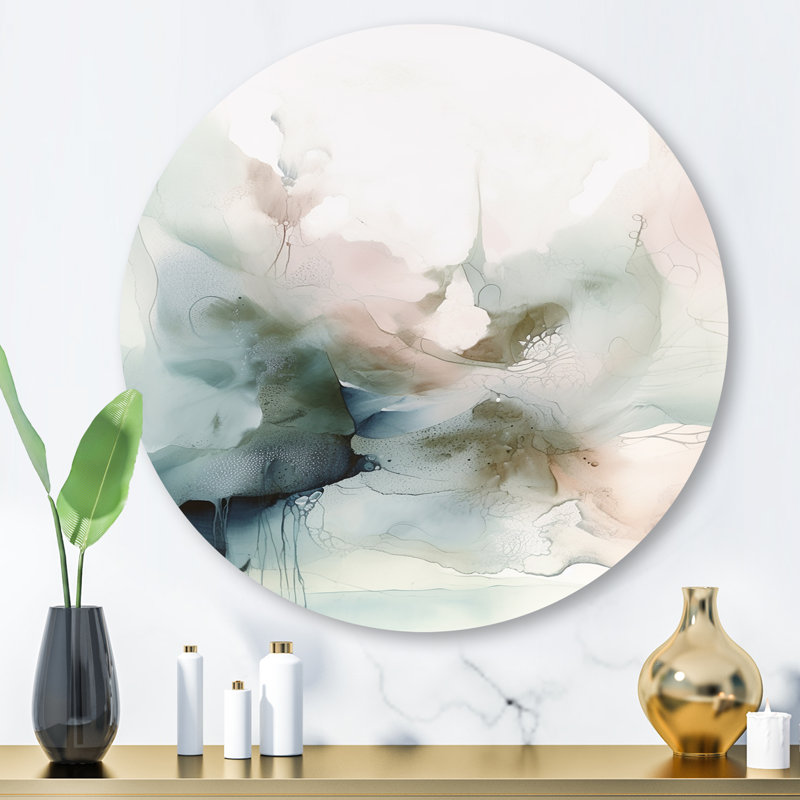 «Green and Cream Essence Of Modernity II», art mural rond en marbre abstrait, H 16 po x l 16 po x P 1 po