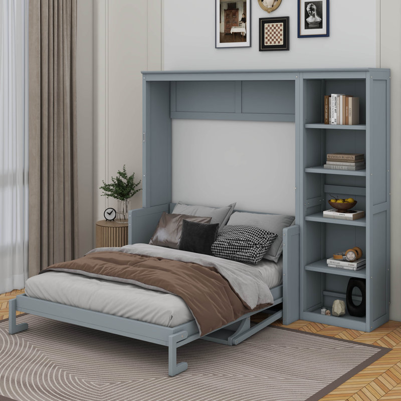 Lit escamotable double avec bureau et bibliothèque, Gris, Lit double