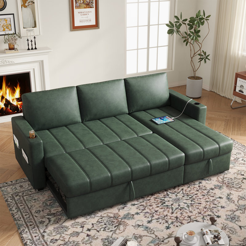 Canapé-lit modulaire en L 89 po avec rangement caché, canapé-lit escamotable en similicuir pour le salon, Similicuir vert