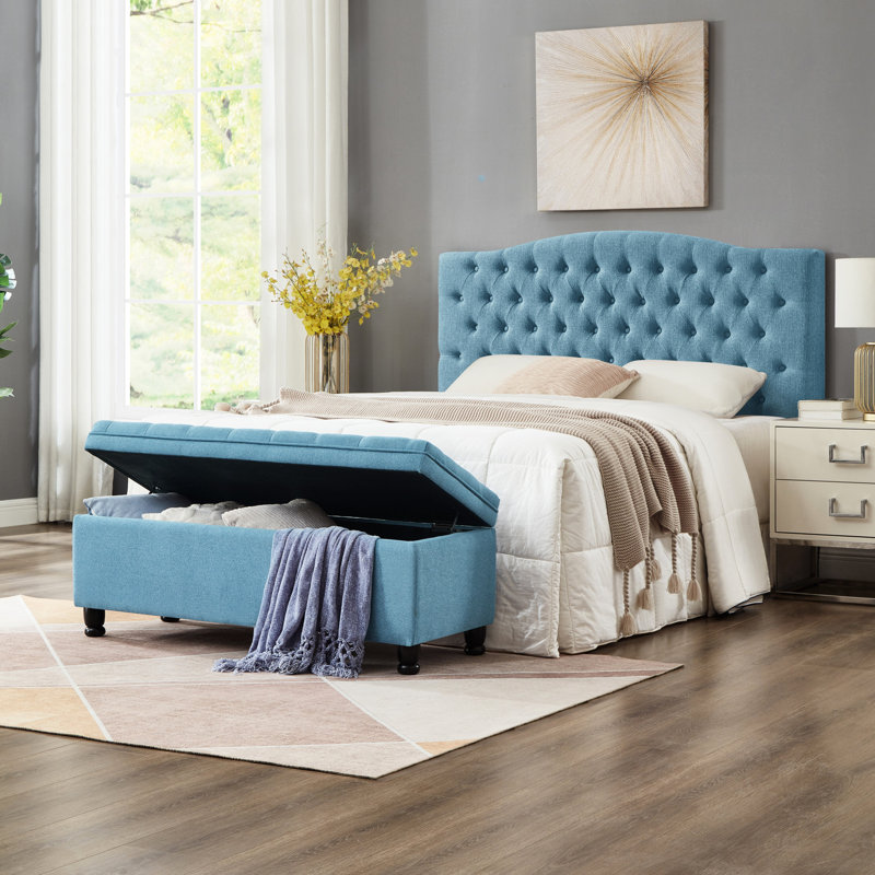 Blue Button Bench With Linen Upholstery And Robust Wooden Construction For Storage Purposes Upholstered In Resilient Support Desires