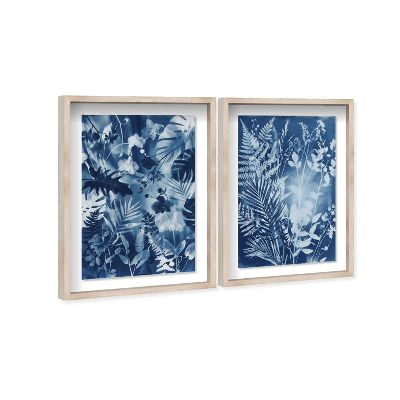 Blue Folliage Set Shadowbox Floral & Botanical Print by Oliver Gal, Black Frame, 10 x 15, 21"H x 31"W, Natural Oak Shadowbox