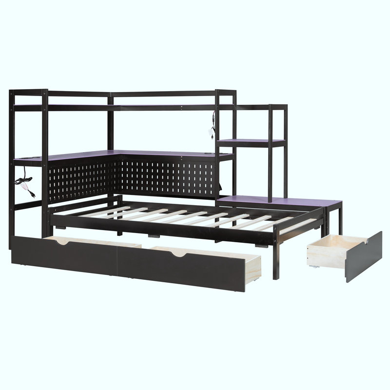 Lit de jour de jeu une place avec bureau intégré, éclairage DEL et rangement, tête de lit multifonctionnelle, Mauve et noir