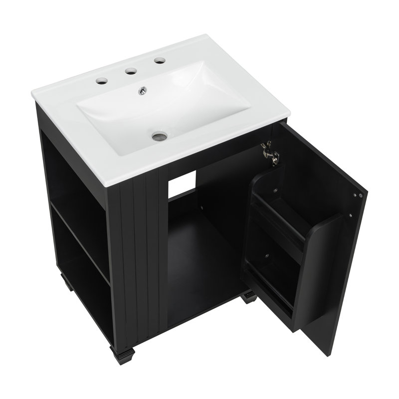 Meuble-lavabo à cadre en bois massif 24 po avec lavabo simple et tablettes latérales ouvertes, Noir
