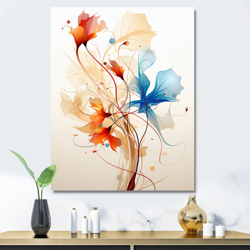 Aquarelle florale moderne en orange et bleu, Toile tendue, H 32 po x l 16 po x P 1 po