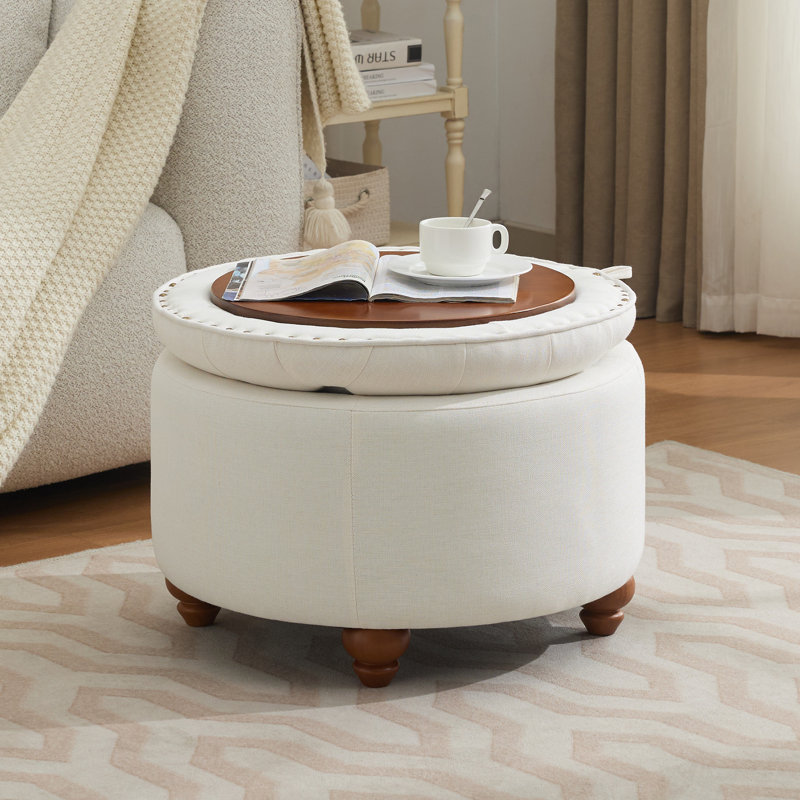 Repose-pieds capitonné rond de 24 po avec rangement capitonné, Lin beige