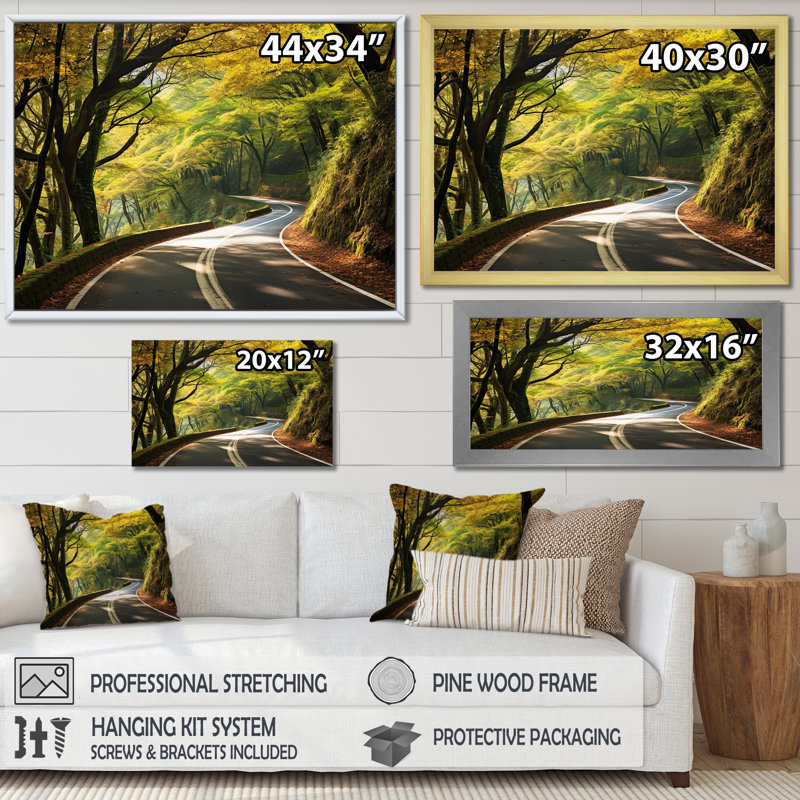 Route verte dans la forêt II - art mural route, Cadre de coin blanc fermé, H 30 po x l 40 po x P 1,5 po
