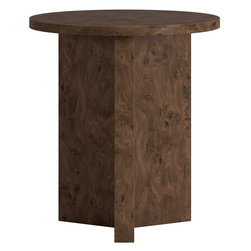 Potbelly Round End Table with Cross Base, Espresso Burl