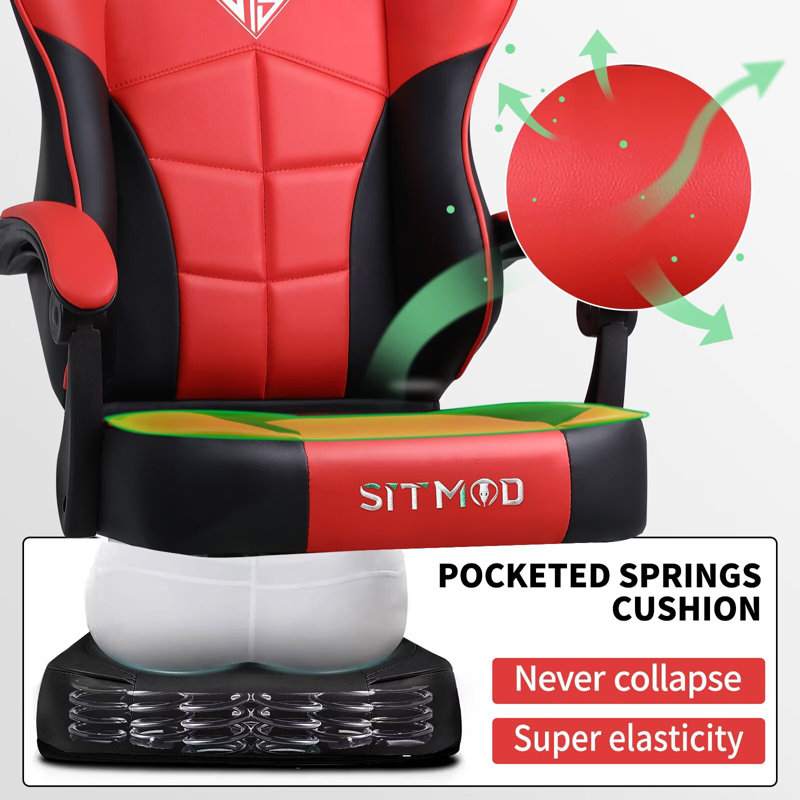 Gaming Chair with Footrest, Ergonomic Computer Chair with Lumbar Support, with 4D Foam Sports Seat Cushion, Breathable Leather Material, Height Adjustable Adult Office Chair