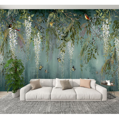 Floral Peel and Stick Wallpaper Serene Wisteria Birds Gradient Green Purple Wall Murals 100"H x 144"W Removable PVC Wall Paper Self-Adhesive Wall Decor for Bedroom Living Room Home Office