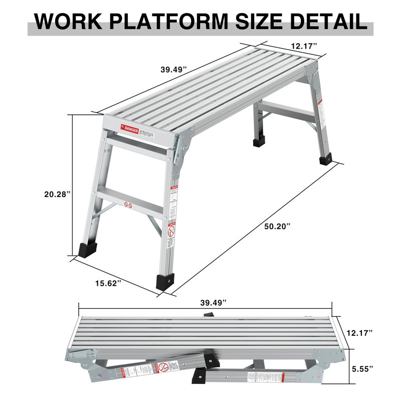 Plateforme de travail pliable, 101,6 cm de large, capacité de 102 kg, conforme aux normes ANSI, alliage d'aluminium, monobloc, argentée, antidérapante