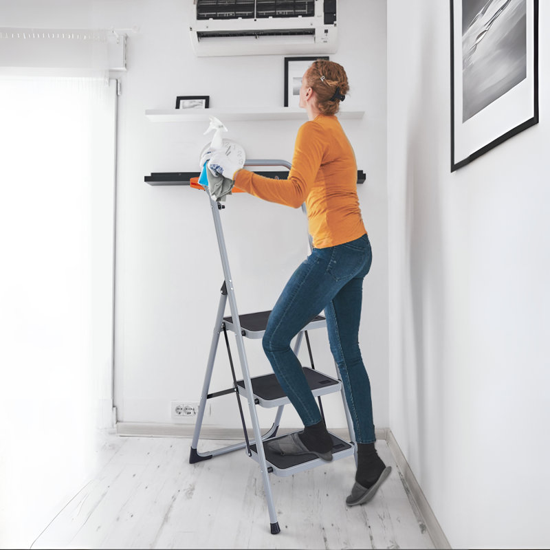 3 Step Ladder Folding Stool with Tools Tray, Wide Platform Steps, Non-Slip Feet, 330 lbs Capacity
