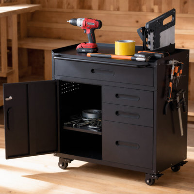 Armoire à outils noire en acier avec compartiments verrouillables et quatre tiroirs pour atelier et garage
