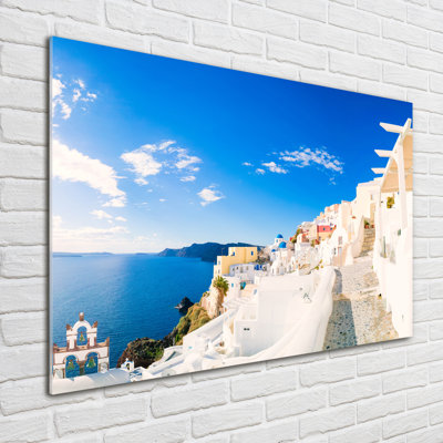 Glass Print Wall Art 100X70cm Image Printed On Glass Decorative Wall Picture Behind Toughened / Tempered Safety Real Glass For Kitchen & Living Room Theme:Santorini Greece