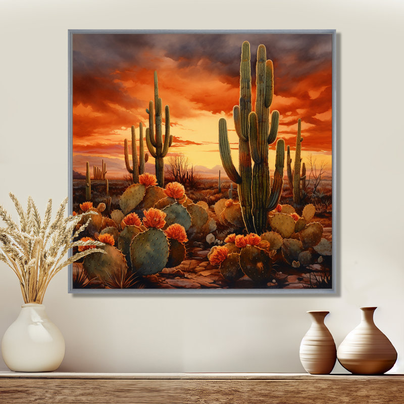 Impression sur toile cactus cuivré au Nevada, H 16 po x l 16 po x P 1 po, Encadrement argenté