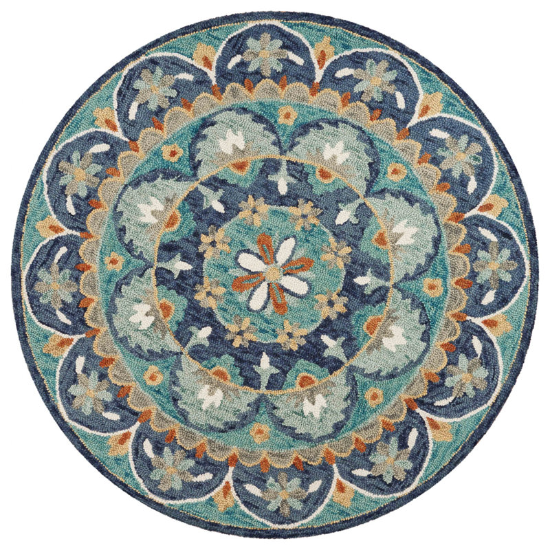 Tapis bleu à motif floral rond 6 pi Mandala, Rond 6 pi